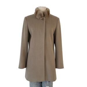 Cinzia Rocca Wool-Blend Coat Fur Trim Collar Button-Up Tan 8